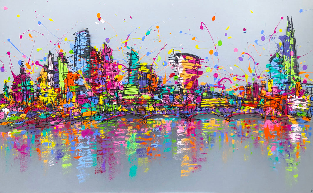 Original large painting of colourful London skyline on grey background with reflections in River Thames by artist Hannah van Bergen
