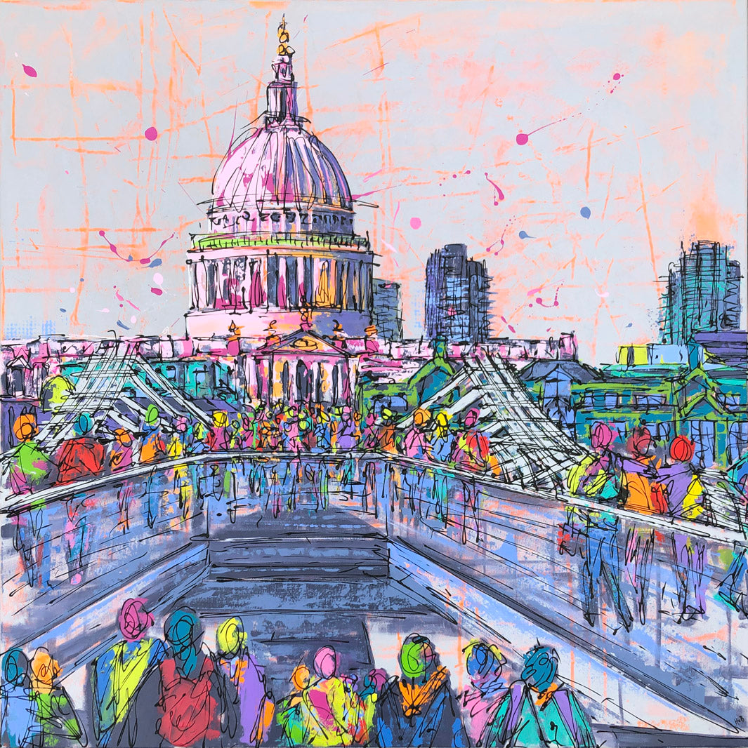 Original large colourful painting of Millennium Bridge and St Paul’s Cathedral by artist Hannah van Bergen