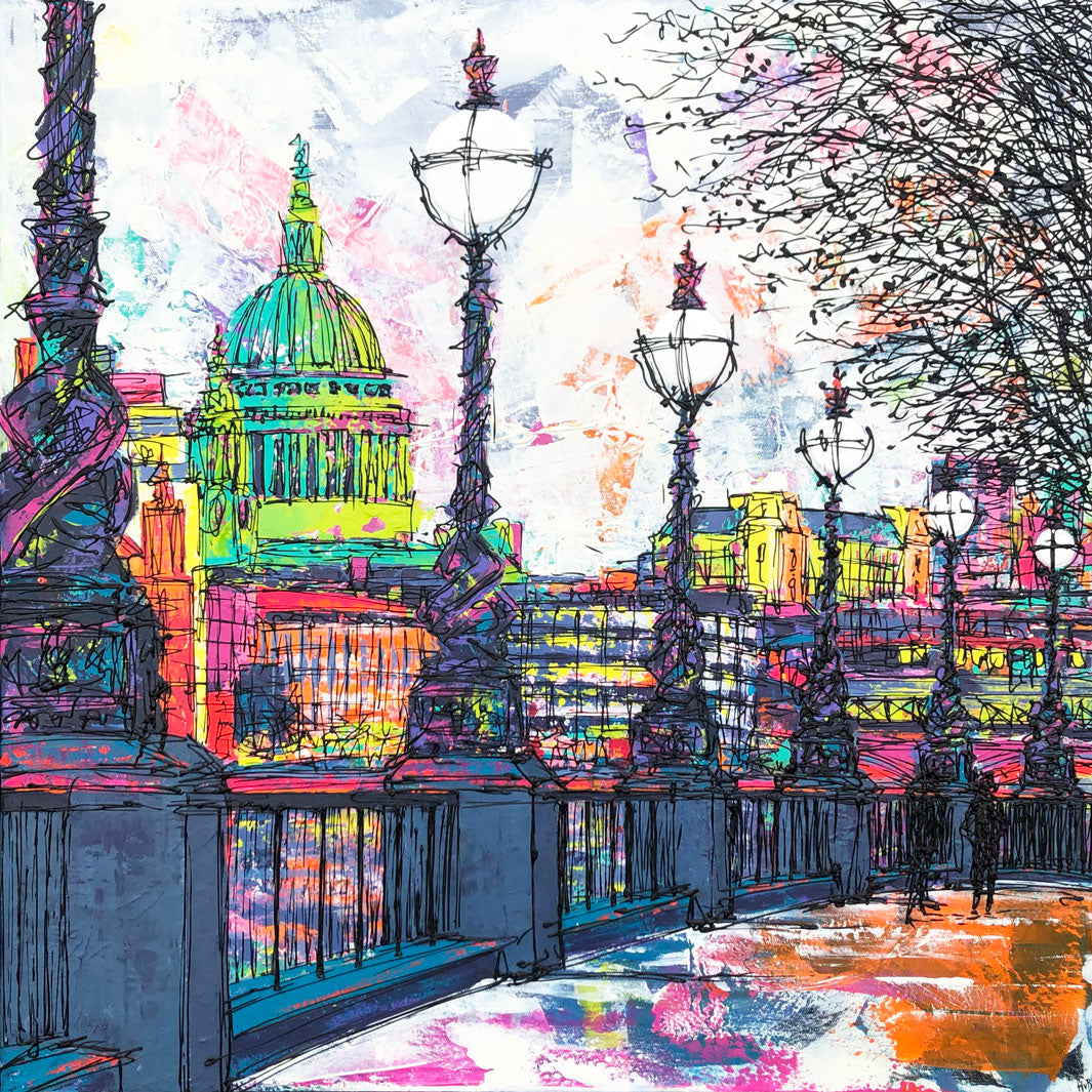 Original colourful painting of St Paul’s Cathedral from Southbank with lamp posts by artist Hannah van Bergen