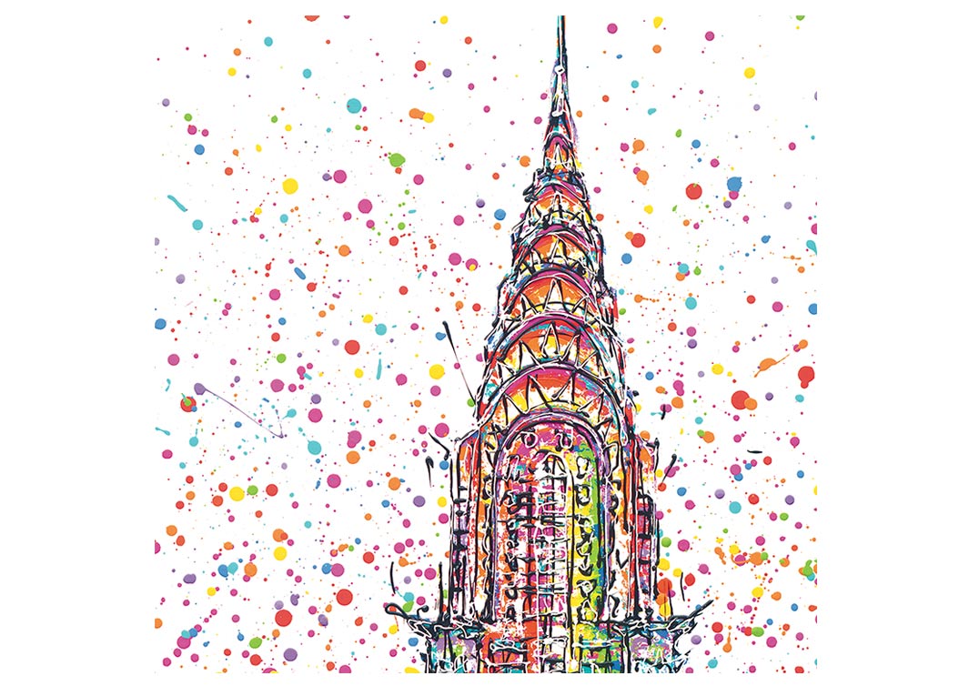 Art card of the Chrysler Building New York in multicolour on white background with paint splashes by artist Hannah van Bergen