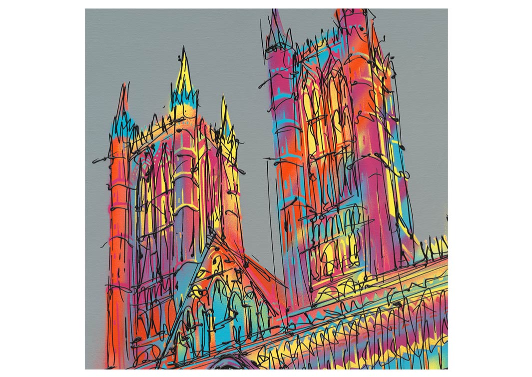 Art greetings card of Lincoln Cathedral in multicolour on grey background by artist Hannah van Bergen