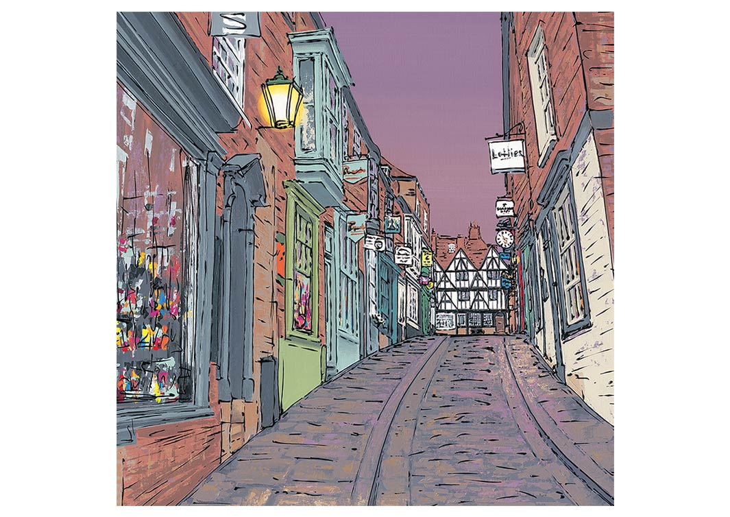 Greetings card of Lincoln Steep Hill at dusk by artist Hannah van Bergen