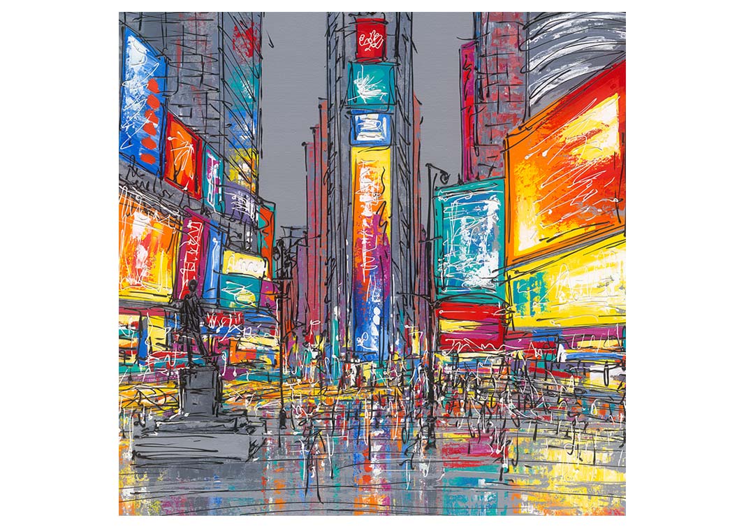 Colourful art greetings card of Times Square New York by artist Hannah van Bergen