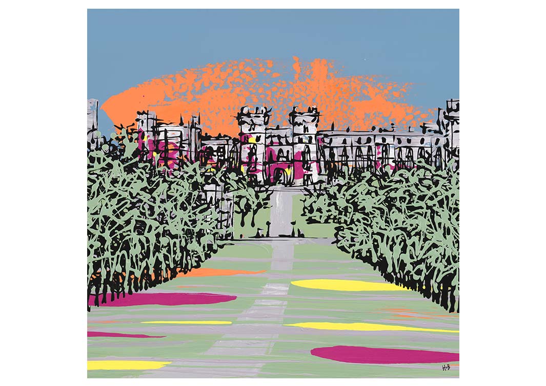Art greetings card of Windsor Castle from the Long Walk with trees in foreground by artist Hannah van Bergen