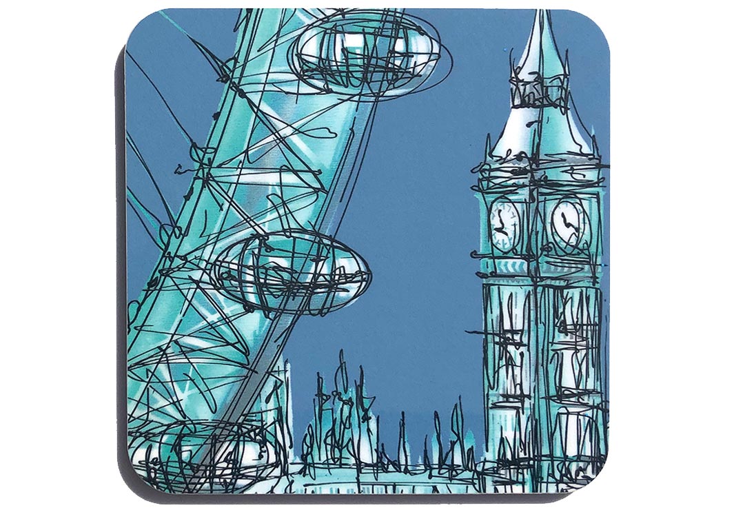 Blue, white and aqua art coaster featuring the London Eye and Big Ben by artist Hannah van Bergen