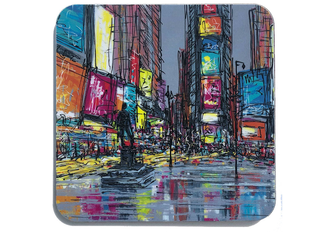 Colourful art coaster of Times Square New York with statue by artist Hannah van Bergen