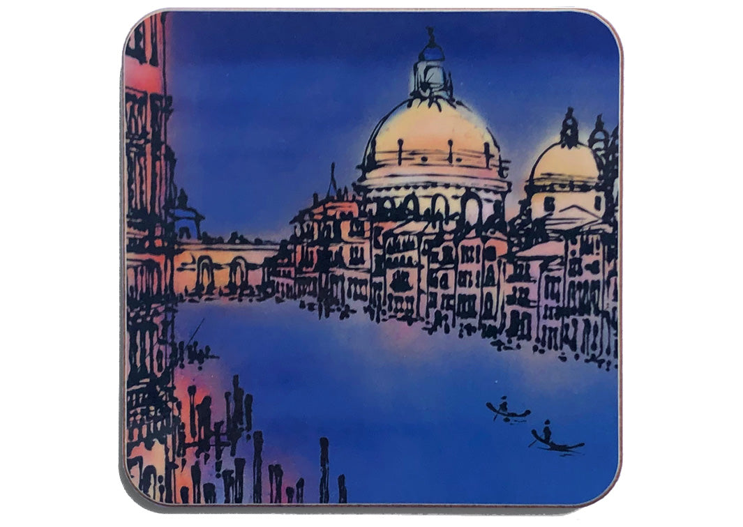 Art coaster of Venice Grand Canal with gondolas on blue background by artist Hannah van Bergen