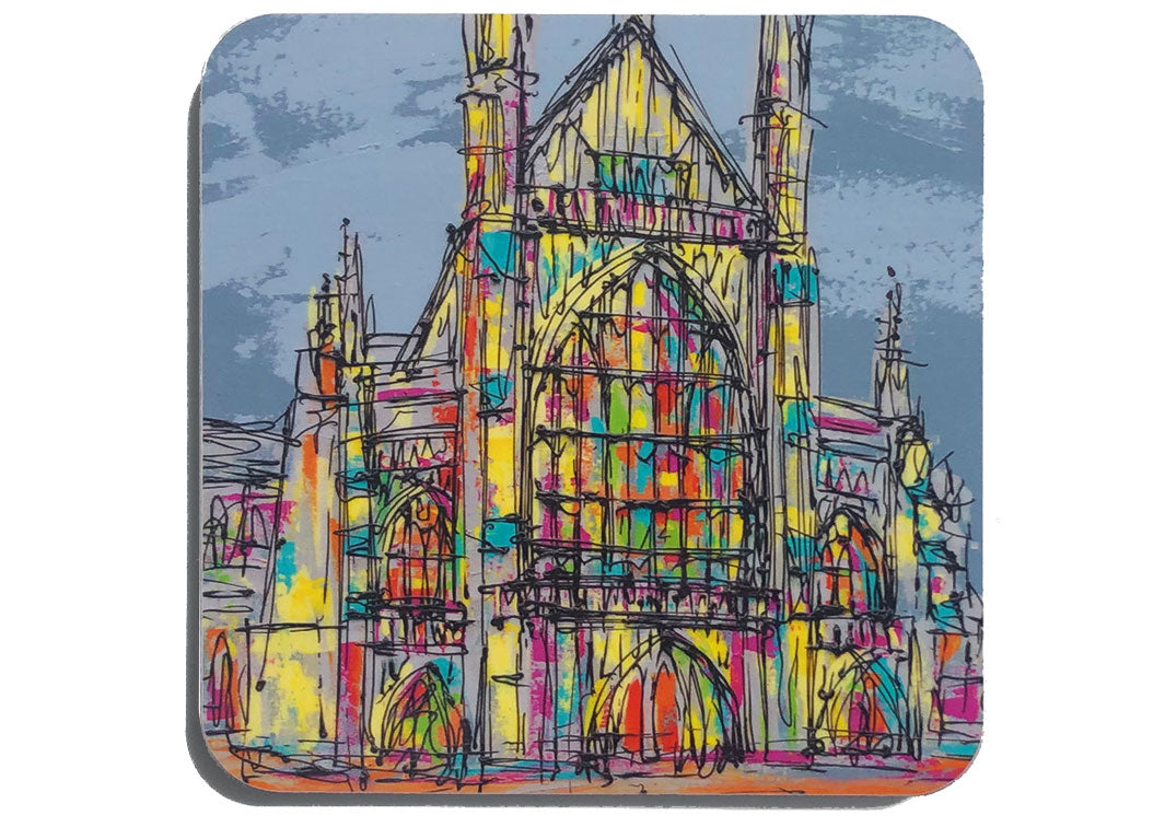 Colourful art coaster of Winchester Cathedral by artist Hannah van Bergen