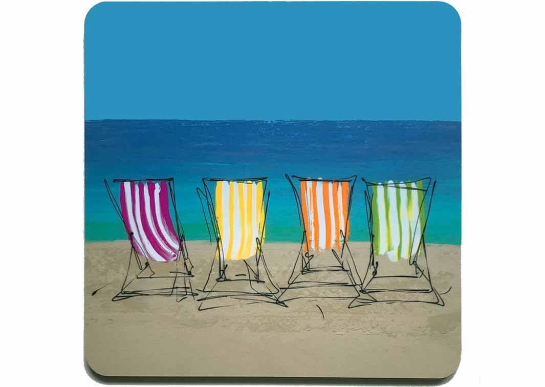 Square art placemat with 4 stripey deckchairs on a beach by artist Hannah van Bergen