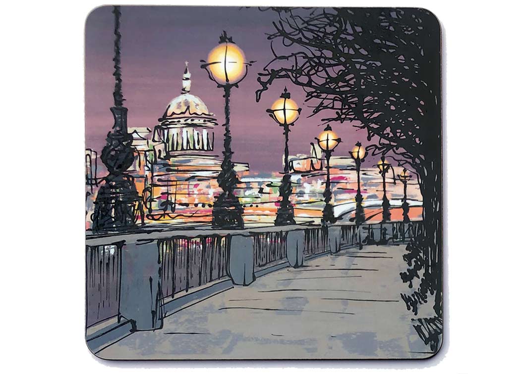 Square art placemat of Southbank London at dusk with streetlamps and St Paul's Cathedral in the background by artist Hannah van Bergen