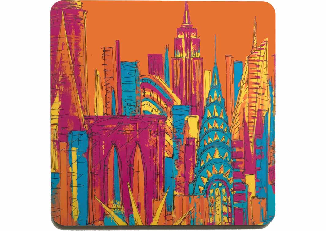 Square art placemat of Manhattan landmarks in orange, pink, blue and yellow by artist Hannah van Bergen
