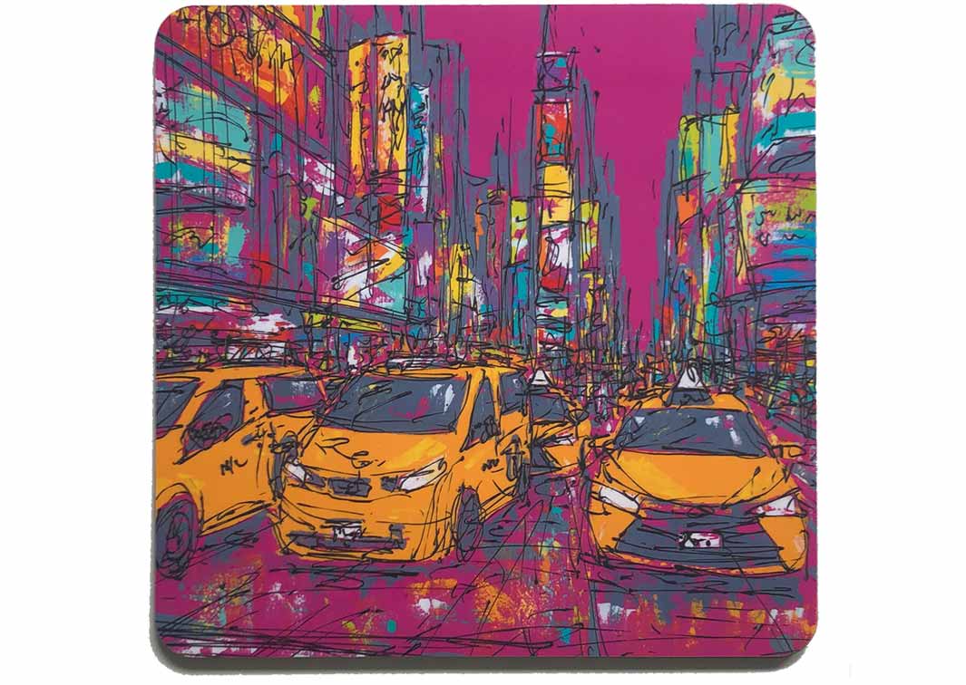 Square art placemat of Times Square New York with yellow taxis on pink background by artist Hannah van Bergen