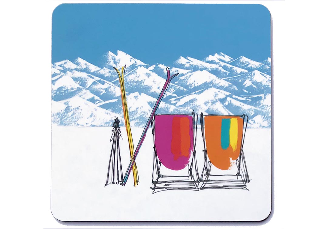 Square art placemat of 2 pink and orange deckchairs in the snow with crossed skis, poles and mountain backdrop by artist Hannah van Bergen  