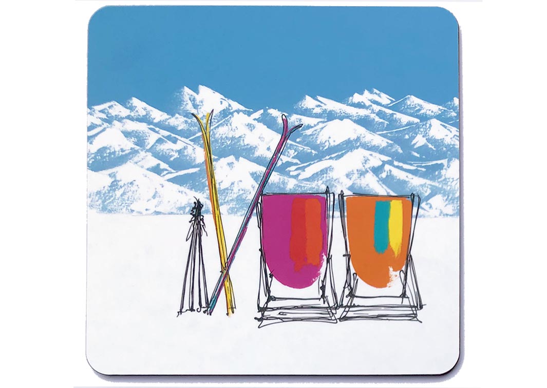 Square art placemat of 2 pink and orange deckchairs in the snow with crossed skis, poles and mountain backdrop by artist Hannah van Bergen