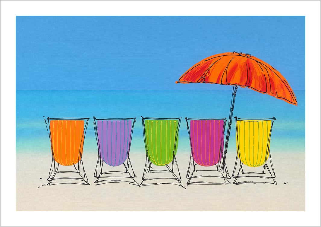 Art print of 5 colourful deckchairs on a beach with parasol by artist Hannah van Bergen