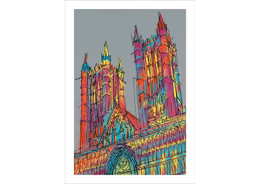 Colourful art print of Lincoln Cathedral on grey background by artist Hannah van Bergen