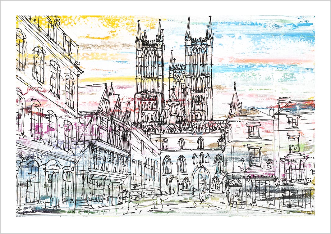 Art print of Lincoln Castle Square featuring the cathedral and surrounding buildings by artist Hannah van Bergen