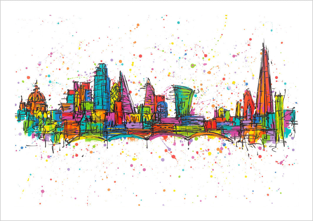 Colourful London skyline art print on white background with drips and splashes by artist Hannah van Bergen