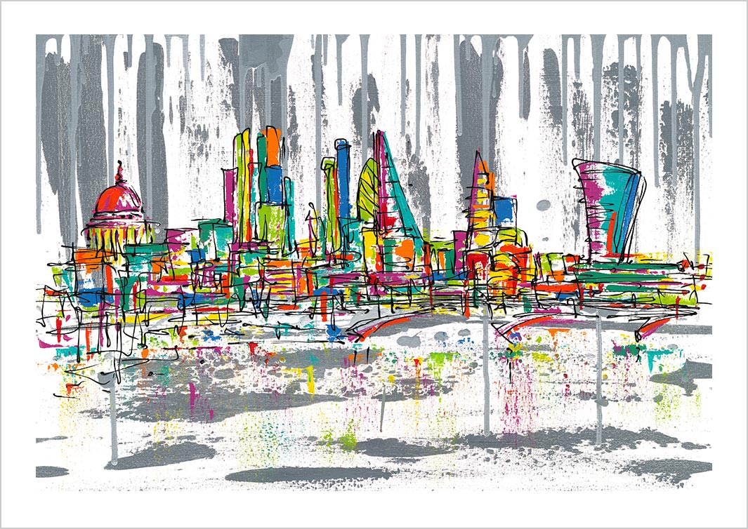 Colourful London skyline art print with landmarks including St Paul's, the Gherkin and the Walkie Talkie by artist Hannah van Bergen
