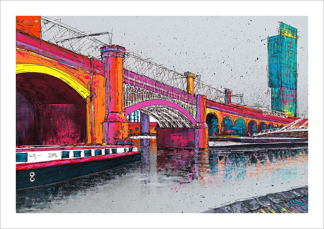 Urban colourful art print of Manchester canals and viaduct with Beetham Tower in background by artist Hannah van Bergen