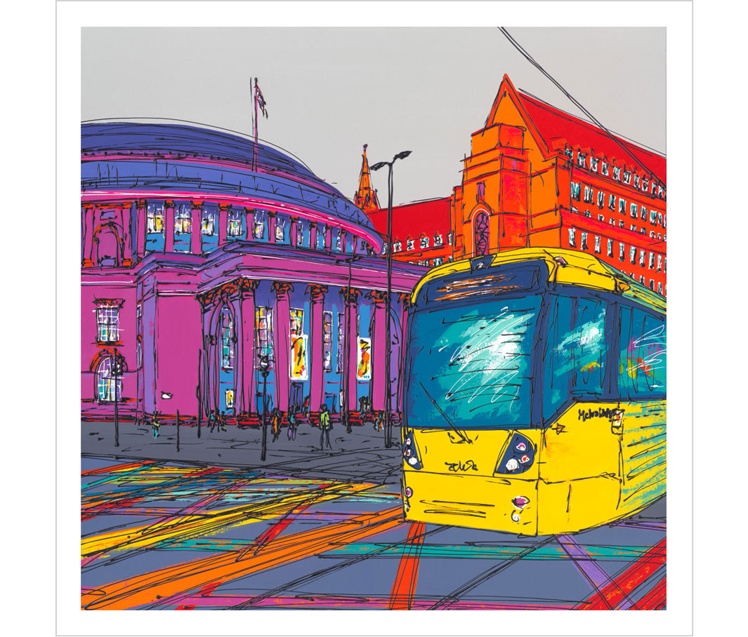 Bright colourful Manchester art print of the Central Library and Town Hall in St Pter's Square with a yellow tram by artist Hannah van Bergen
