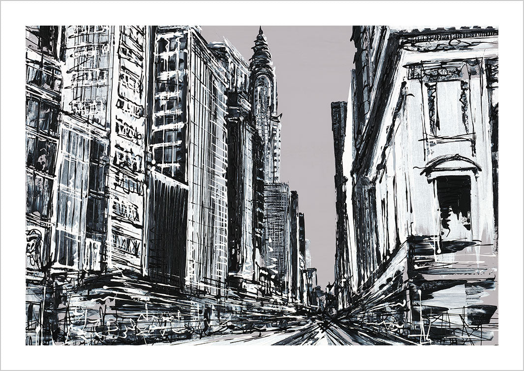Greyscale art print of a busy midtown New York street scene with Chrysler building by artist Hannah van Bergen