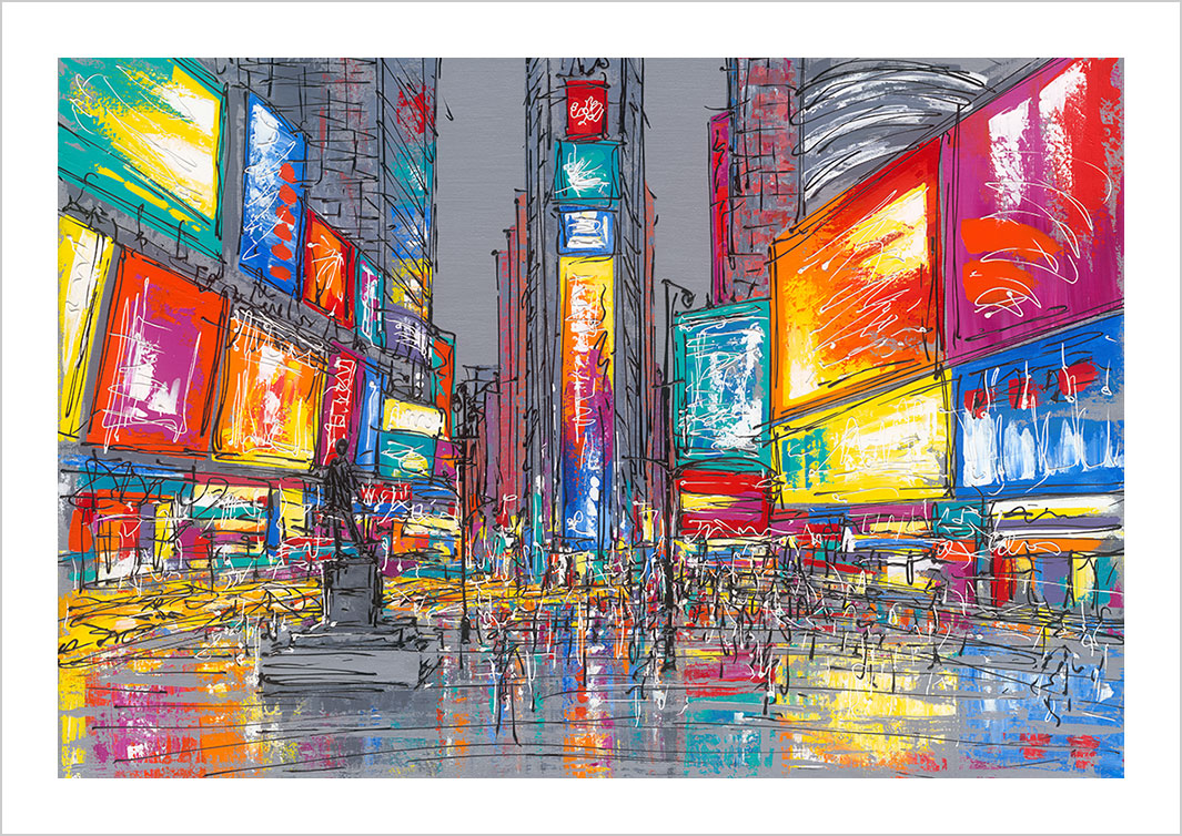 Colourful art print of Times Square New York by artist Hannah van Bergen