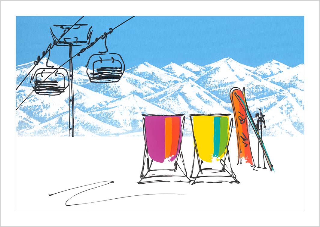 Art print of 2 deckchairs in the snow with skis, snowboard, chair lift and mountains by artist Hannah van Bergen