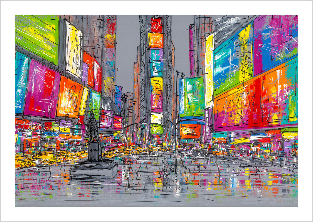 Colourful art print of Times Square New York by artist Hannah van Bergen