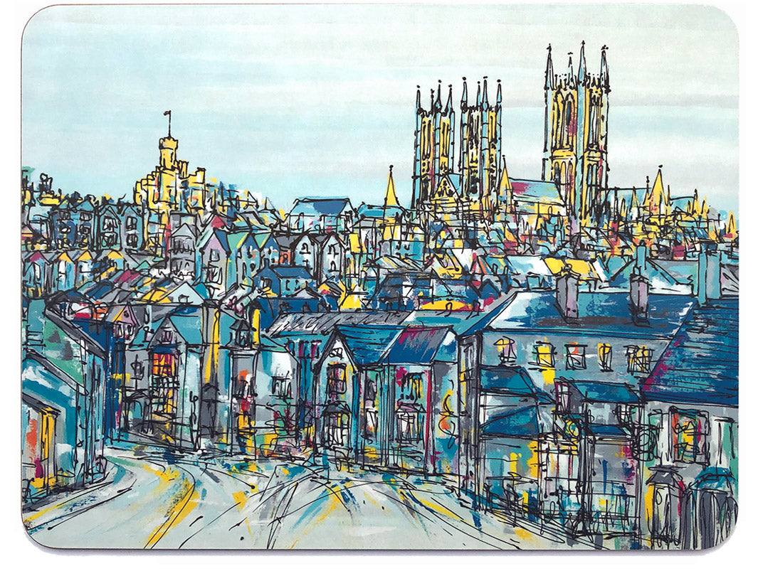Melamine rectangular chopping board with artwork of Lincoln, looking over the rooftops to the castle and cathedral by artist Hannah van Bergen