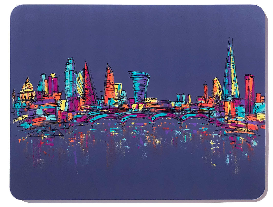 Rectangular melamine chopping board with purple artwork of London skyline on the Thames by artist Hannah van Bergen