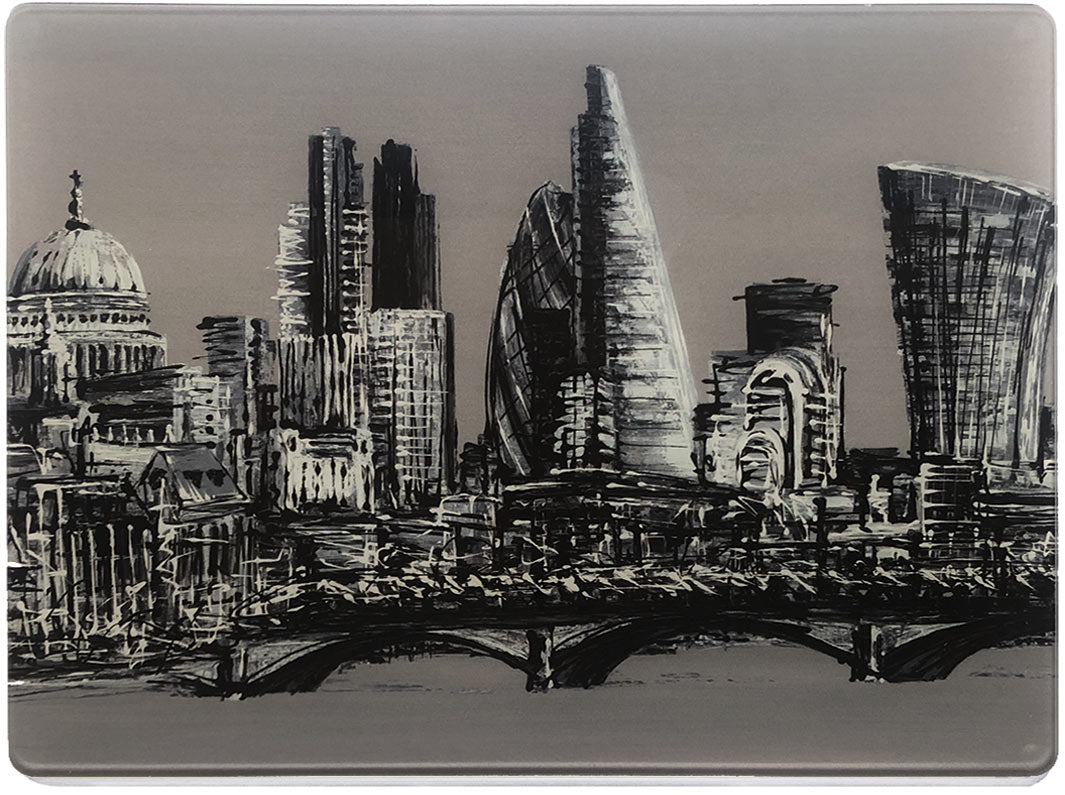 Glass platter / worktop saver with greyscale artwork of skyscrapers in London including the Gherkin and Cheesegrater with Blackfriars Bridge over the Thames by artist Hannah van Bergen