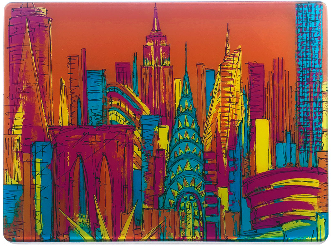 Glass platter / worktop saver with colourful artwork of New York landmarks on an orange background by artist Hannah van Bergen