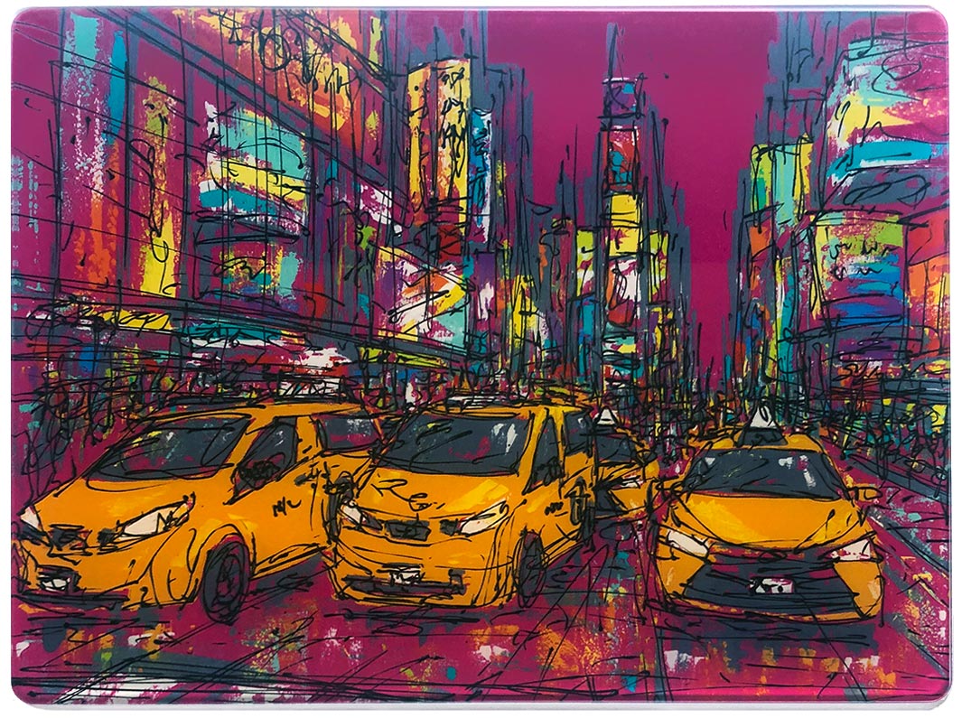 Glass platter / worktop saver with artwork of Times Square with billboards on a pink background and yellow taxis in the foreground by artist Hannah van Bergen