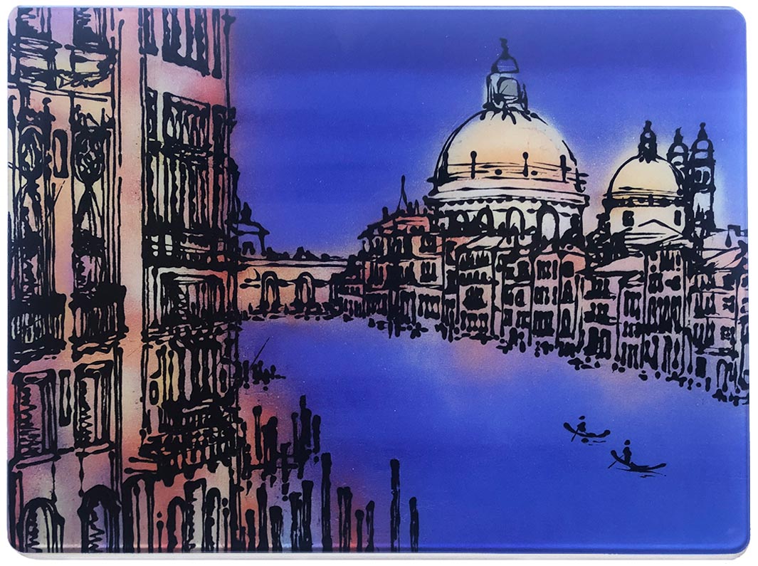 Glass platter / worktop saver with artwork of Venice Grand Canal with gondolas by artist Hannah van Bergen