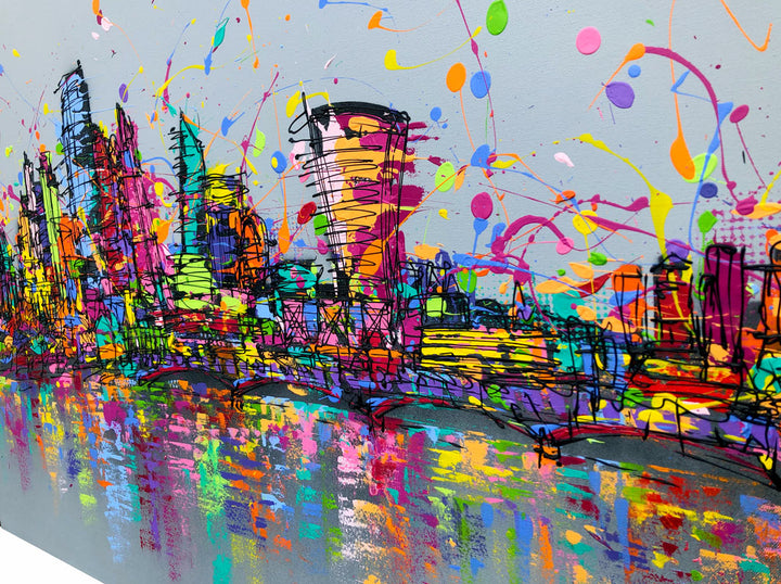 Side view. Original expressive large painting of colourful London skyline with splashes on grey background with reflections in River Thames by artist Hannah van Bergen