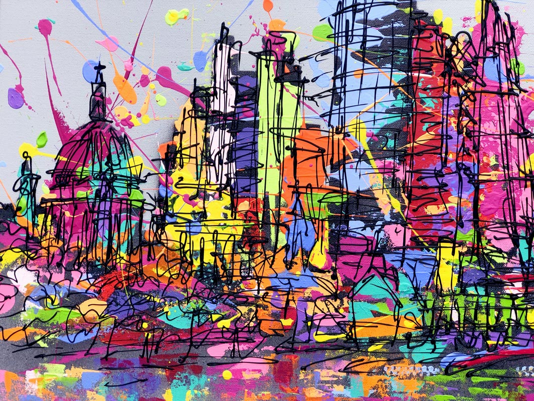 Close up of original expressive large painting of colourful London skyline with splashes on grey background with reflections in River Thames by artist Hannah van Bergen