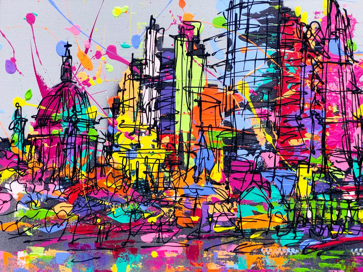 Close up of original expressive large painting of colourful London skyline with splashes on grey background with reflections in River Thames by artist Hannah van Bergen