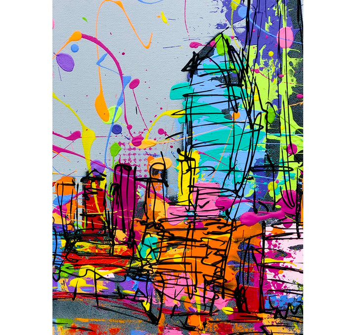 Close up. Original expressive large painting of colourful London skyline with splashes on grey background with reflections in River Thames by artist Hannah van Bergen