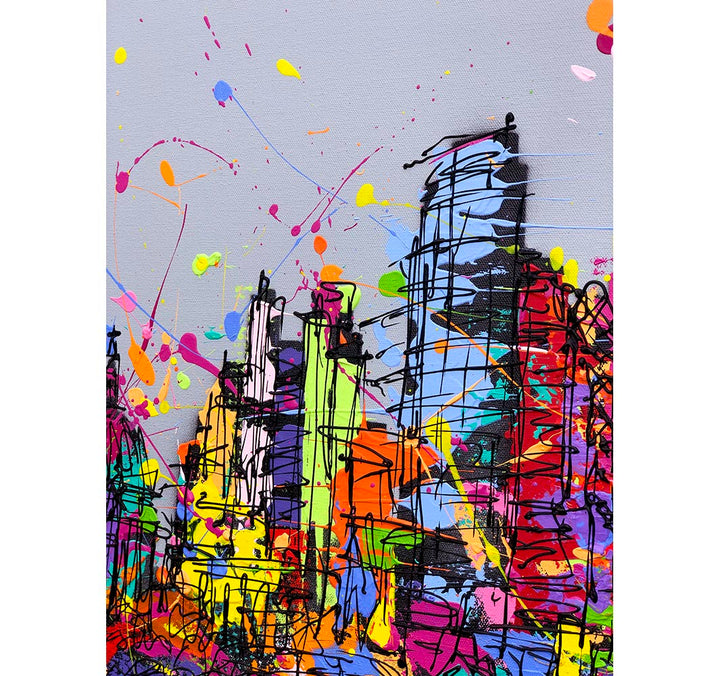 Close up section. Original expressive large painting of colourful London skyline with splashes on grey background with reflections in River Thames by artist Hannah van Bergen