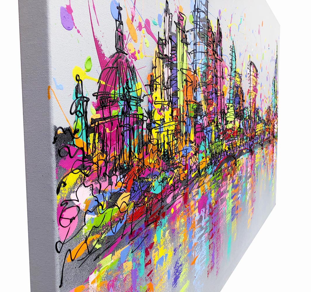 Side view of original expressive large painting of colourful London skyline with splashes on grey background with reflections in River Thames by artist Hannah van Bergen