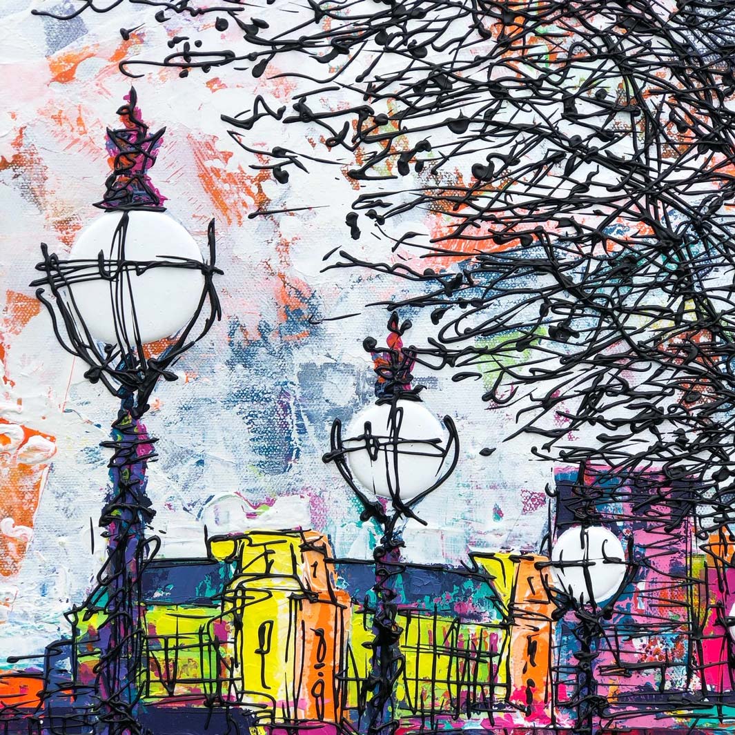 Close up of textured lamp posts and trees on original colourful painting of St Paul’s Cathedral and London skyline from Southbank by artist Hannah van Bergen