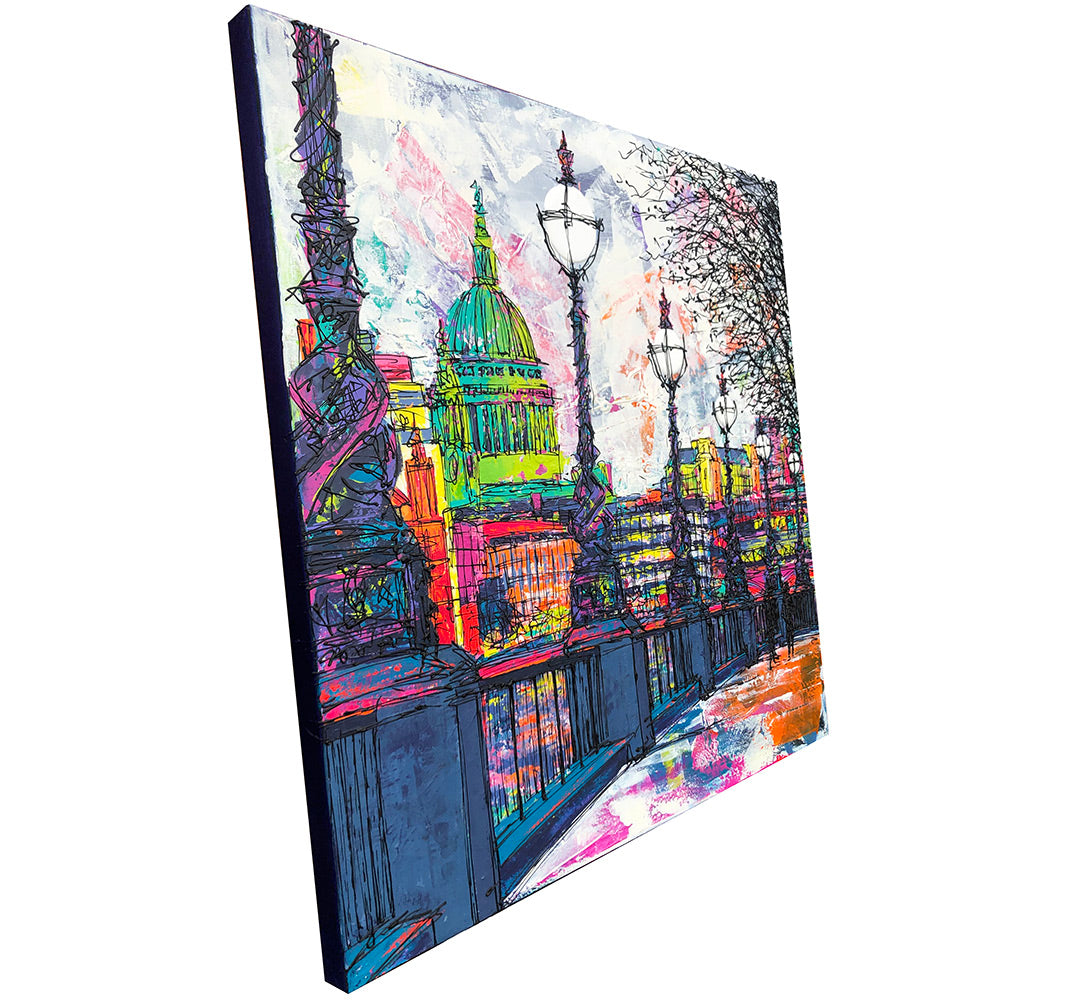 Side view of original colourful painting of St Paul’s Cathedral and London skyline from Southbank with lamp posts and trees by artist Hannah van Bergen