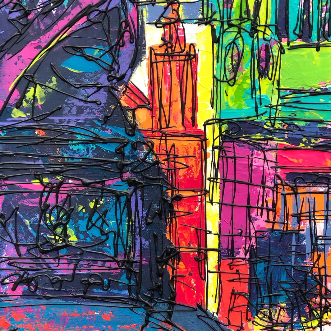 Close up of texture on original colourful painting of St Paul’s Cathedral and London skyline from Southbank with street lights and trees by artist Hannah van Bergen