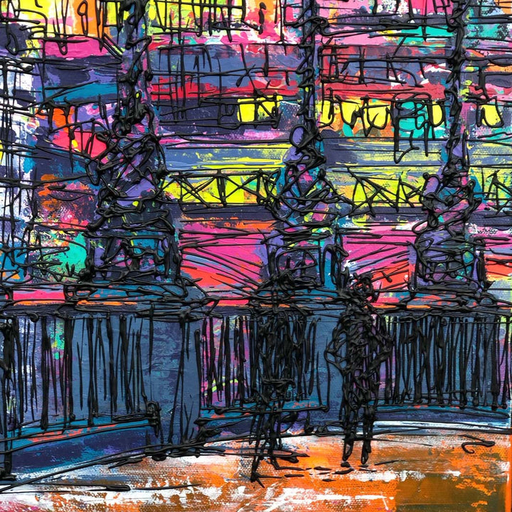 Close up of texture and people walking along Southbank on original colourful painting of St Paul’s Cathedral and London skyline by artist Hannah van Bergen
