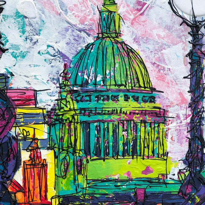 Close up of textured St Paul's Cathedral on original colourful painting of the London skyline from Southbank with lamp posts and trees by artist Hannah van Bergen