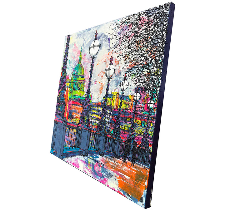 Side angle of original colourful square painting of St Paul’s Cathedral and London skyline from Southbank with street lights and trees by artist Hannah van Bergen