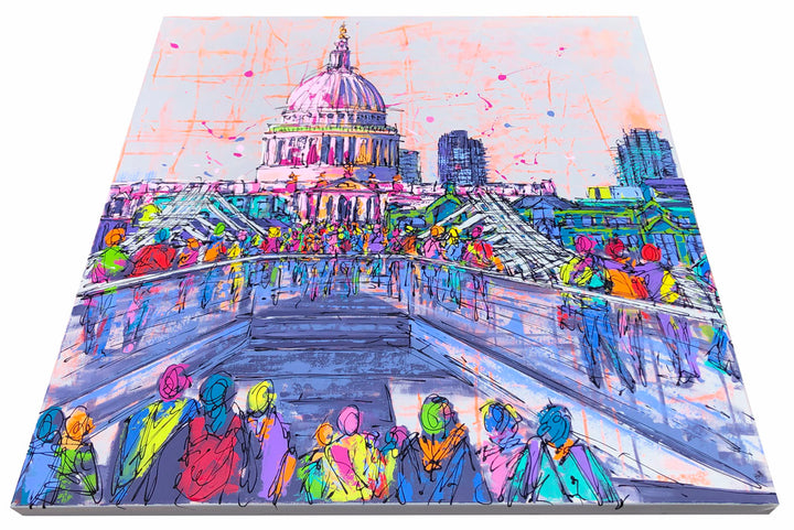 Angled photo of original large colourful painting of Millennium Bridge and St Paul’s Cathedral by artist Hannah van Bergen