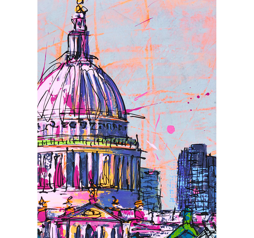 Close up section of original large colourful painting of Millennium Bridge and St Paul’s Cathedral by artist Hannah van Bergen