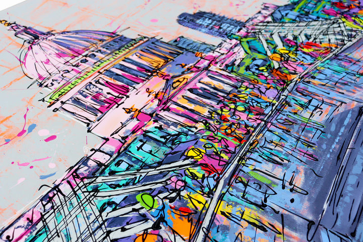 Angled photo showing detail of original large colourful painting of Millennium Bridge and St Paul’s Cathedral by artist Hannah van Bergen